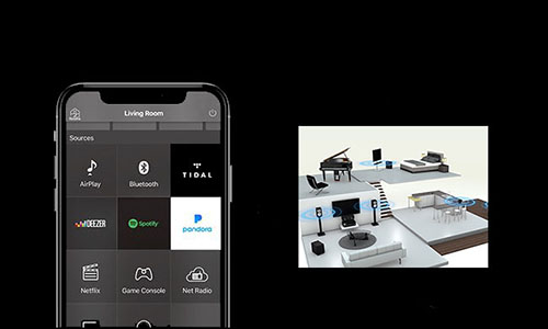 Smartphone displaying MusicCast beside 3D graphic of various rooms in house